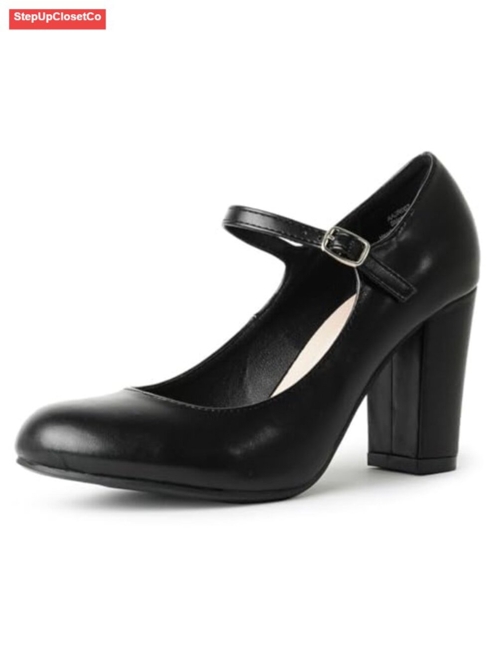 Round Toe Chunky Block Heel Mary Jane Pumps Vegan Leather